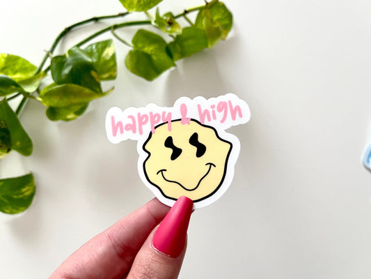 Happy & High Waterproof Sticker - 420 Friendly Stickers - Marijuana Stickers - Smiley Stickers - Smiley Gifts - Gifts for Smokers