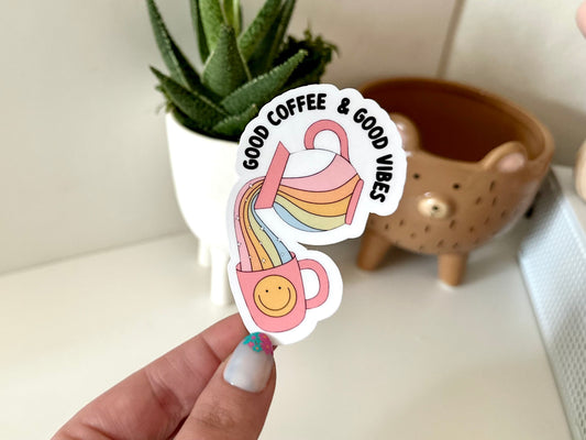 Good Coffee & Good Vibes Waterproof Sticker, Coffee Stickers, Mug Sticker, Coffee Gifts, Funny Decals, Waterbottle Sticker, Retro