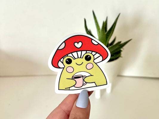 Mushroom Frog Waterproof Sticker, Retro Sticker, Tea Lover Gifts, Trendy Decals, Shroom Gifts