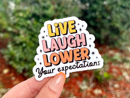 Live Laugh Lower Your Expectations Waterproof Sticker, Funny Gifts, Waterbottle Stickers, Laptop, Trendy Gifts, Tumblr Decal, Mental Health