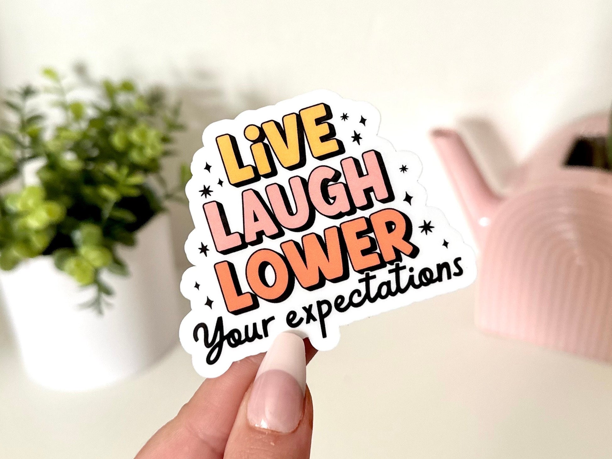 Live Laugh Lower Your Expectations Waterproof Sticker, Funny Gifts, Waterbottle Stickers, Laptop, Trendy Gifts, Tumblr Decal, Mental Health