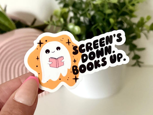 Screens Down Books Up Waterproof Sticker, Book Lovers, Gifts for Readers, Book Gifts, Reading, Bookish Babe, Smut, Romance Reader