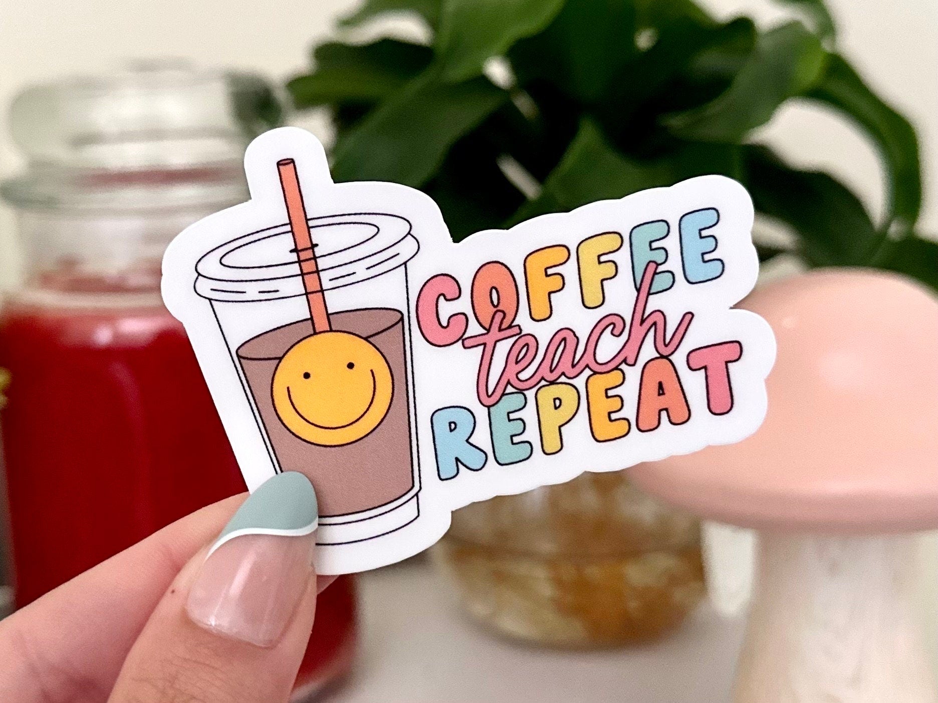 Coffee Teach Repeat Waterproof Sticker, Coffee Stickers, Mug Sticker, Coffee Gifts, Funny Decals, Waterbottle Sticker, Retro