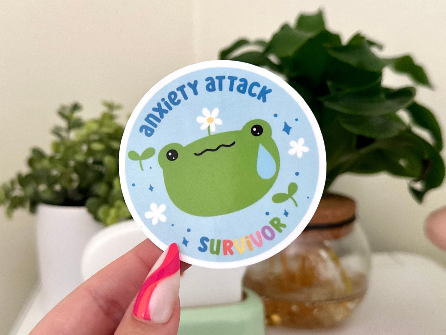 Anxiety Attack Survivor Waterproof Sticker, Mental Health Stickers, Self Love Gifts, Handdrawn Art, Self Care, Therapy Frog