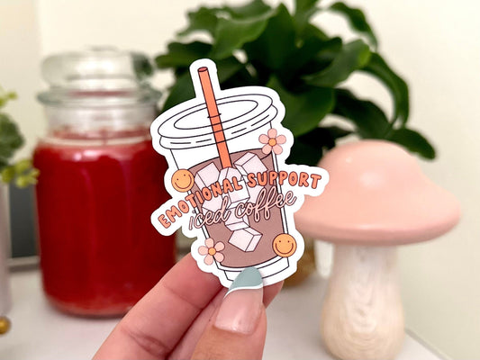 Emotional Support Iced Coffee Cup Waterproof Sticker, Coffee Gifts, Trendy Stickers, Coffee Lover, VSCO Sticker, Waterbottle Stickers