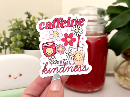 Caffeine And Kindness Waterproof Sticker, Coffee Stickers, Mug Sticker, Coffee Gifts, Funny Decals, Waterbottle Sticker, Retro