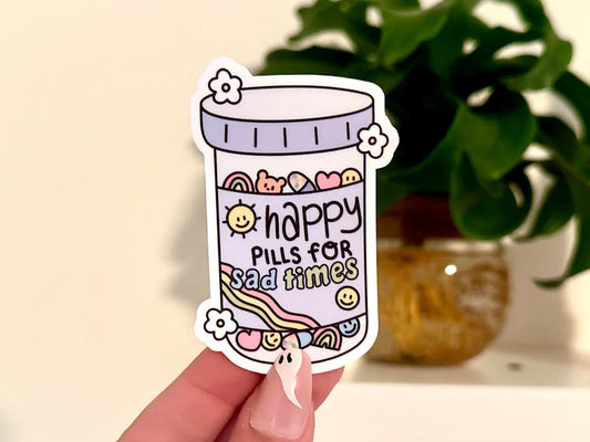 Happy Pills For Sad Times Waterproof Sticker, Mental Health Stickers, Self Love Gifts, Handdrawn Art, Self Care, Therapy Frog