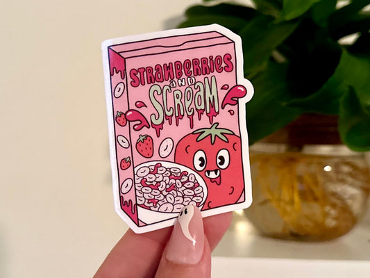 Strawberries and Scream Cereal Box Waterproof Sticker, Trendy Sticker, Popular Stickers, Fall Gifts, Waterbottle decals, Pumpkins, Funny