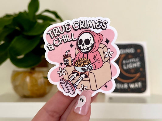 True Crimes & Chill Skeleton Waterproof Sticker, Trendy Sticker, Popular Stickers, Docu Gifts, Waterbottle decals, Spooky, Funny Gift