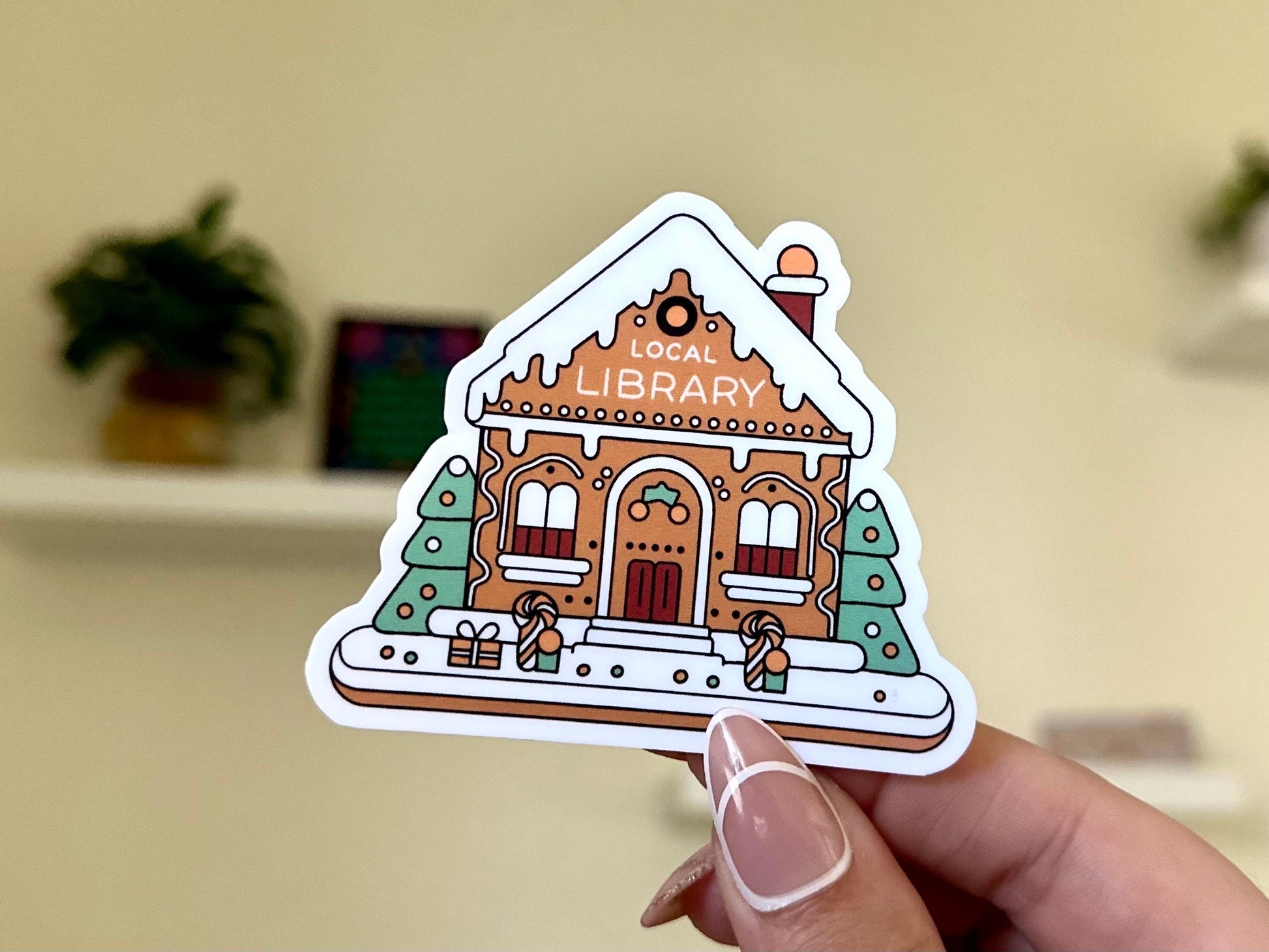 Local Gingerbread Library Waterproof Sticker, Christmas Decal, Seasonal Gifts for Bestfriends, Bookish, Trendy Designs, Trending, BookTok