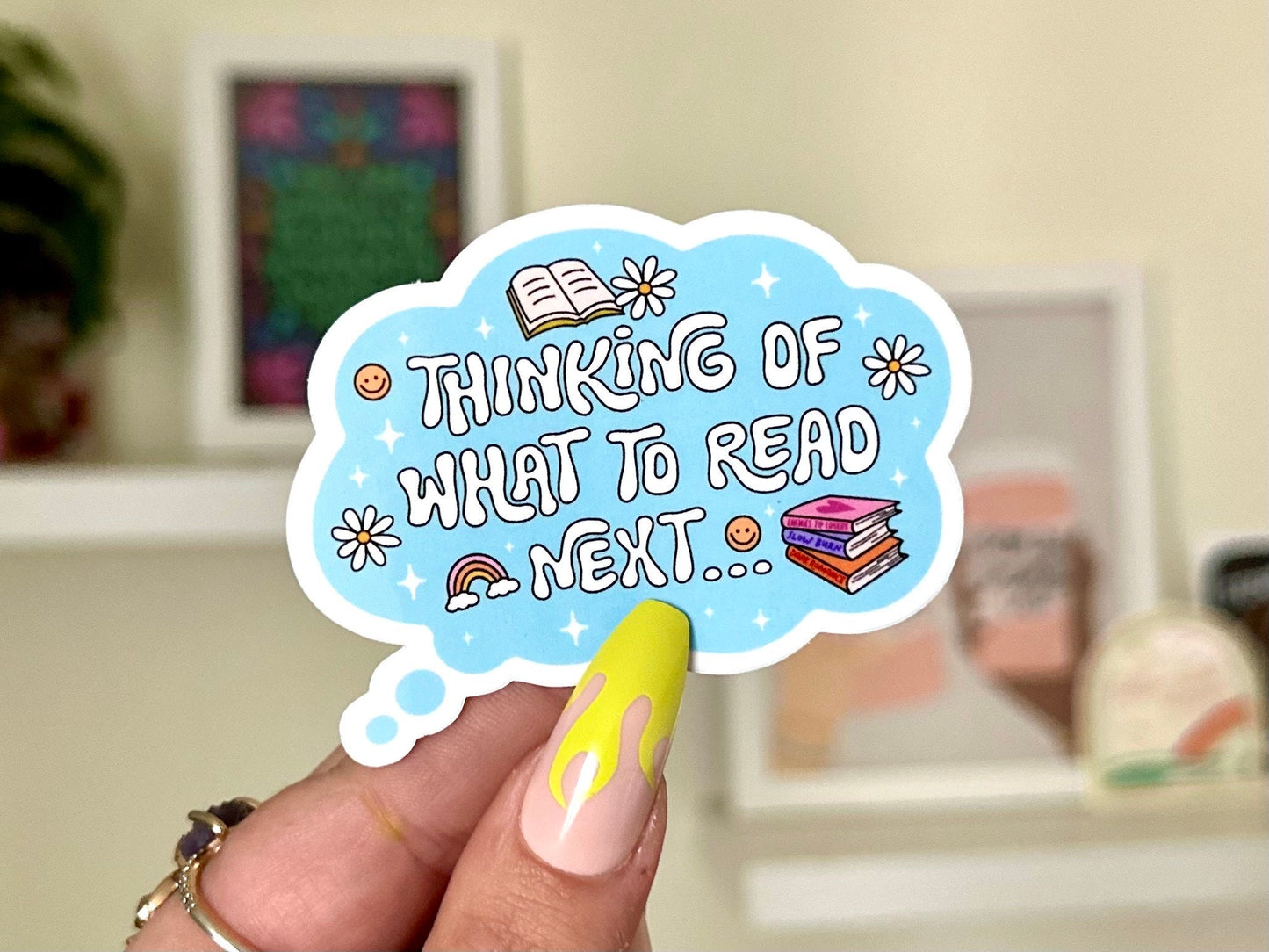 Thinking Of What To Read Next Waterproof Sticker, Book Stickers, Gifts for Readers, Bookish Laptop Sticker, Book Lover Decal, BookTok