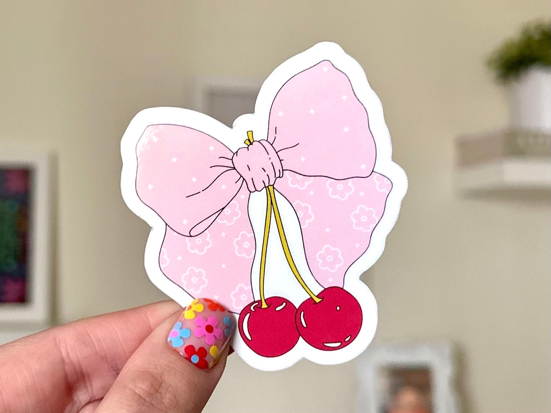 Coquette Cherry Bow Waterproof Sticker, Mental Health Stickers, Self Love Gifts, Handdrawn Art, Bestfriend Gifts, Positivity