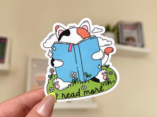 Read More Cat Waterproof Sticker, Book Stickers, Gifts for Readers, Bookish Laptop Sticker, Book Lover Decal, BookTok