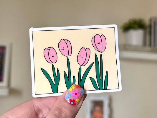 Happy Little Tulips Pink Waterproof Sticker, Mental Health Stickers, Self Love Gifts, Handdrawn Art, Bestfriend Gifts, Positivity