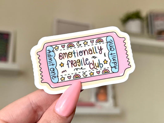 Emotionally Fragile Club Ticket Waterproof Sticker, Mental Health Stickers, Handdrawn Art, Bestfriend Gifts, Positivity