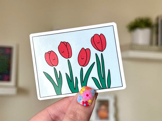 Happy Little Tulips Red Waterproof Sticker, Mental Health Stickers, Self Love Gifts, Handdrawn Art, Bestfriend Gifts, Positivity