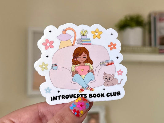 Introverts Book Club Brown Hair Waterproof Sticker, Book Stickers, Gifts for Readers, Bookish Laptop Sticker, Book Lover Decal, BookTok