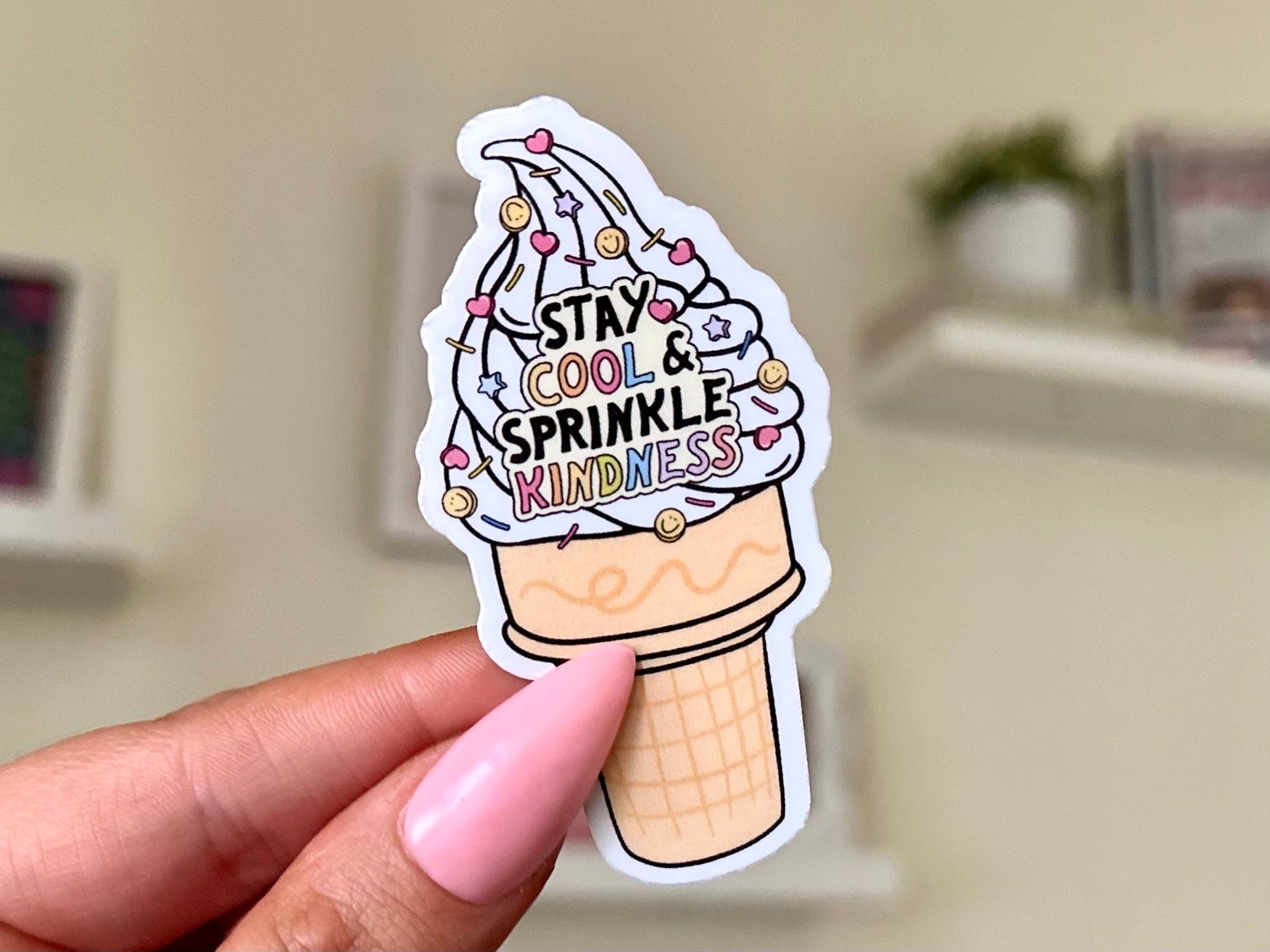 Stay Cool and Sprinkle Kindness Ice Cream Cone Waterproof Sticker, Mental Health Stickers, Handdrawn Art, Bestfriend Gifts, Positivity