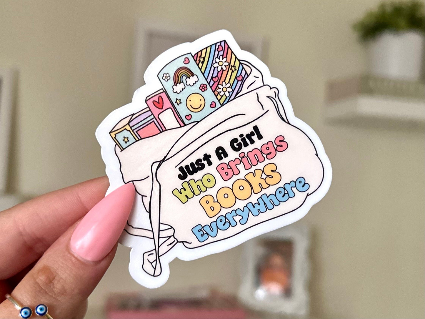 Just a Girl Who Brings Books Everywhere Waterproof Sticker, Book Stickers, Gifts for Readers, Bookish Laptop Sticker, Book Lover, BookTok