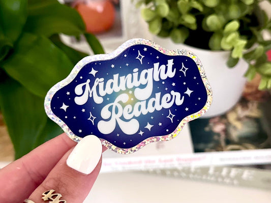 Midnight Reader Waterproof Sticker * Glitter Background, Book Stickers, Gifts for Readers, Bookish Laptop Sticker, Book Lover Decal, BookTok