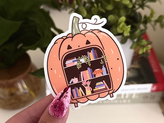 Pumpkin Bookshelf Waterproof Sticker, Book Stickers, Gifts for Readers, Bookish Laptop Sticker, Book Lover Decal, BookTok, Halloween