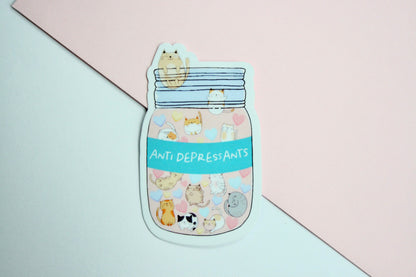 Anti Depressant Cat Cup Waterproof Sticker - Laptop Decals - Waterbottle Stickers - Tumbler Decal - Cat Mom Stickers, Cat Gifts