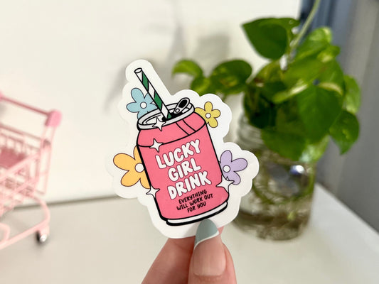 Lucky Girl Drink Waterproof Sticker, Everything Works Out For Me, Trendy Stickers, Lucky Girl Syndrome, Cute Stickers, Mug Sticker