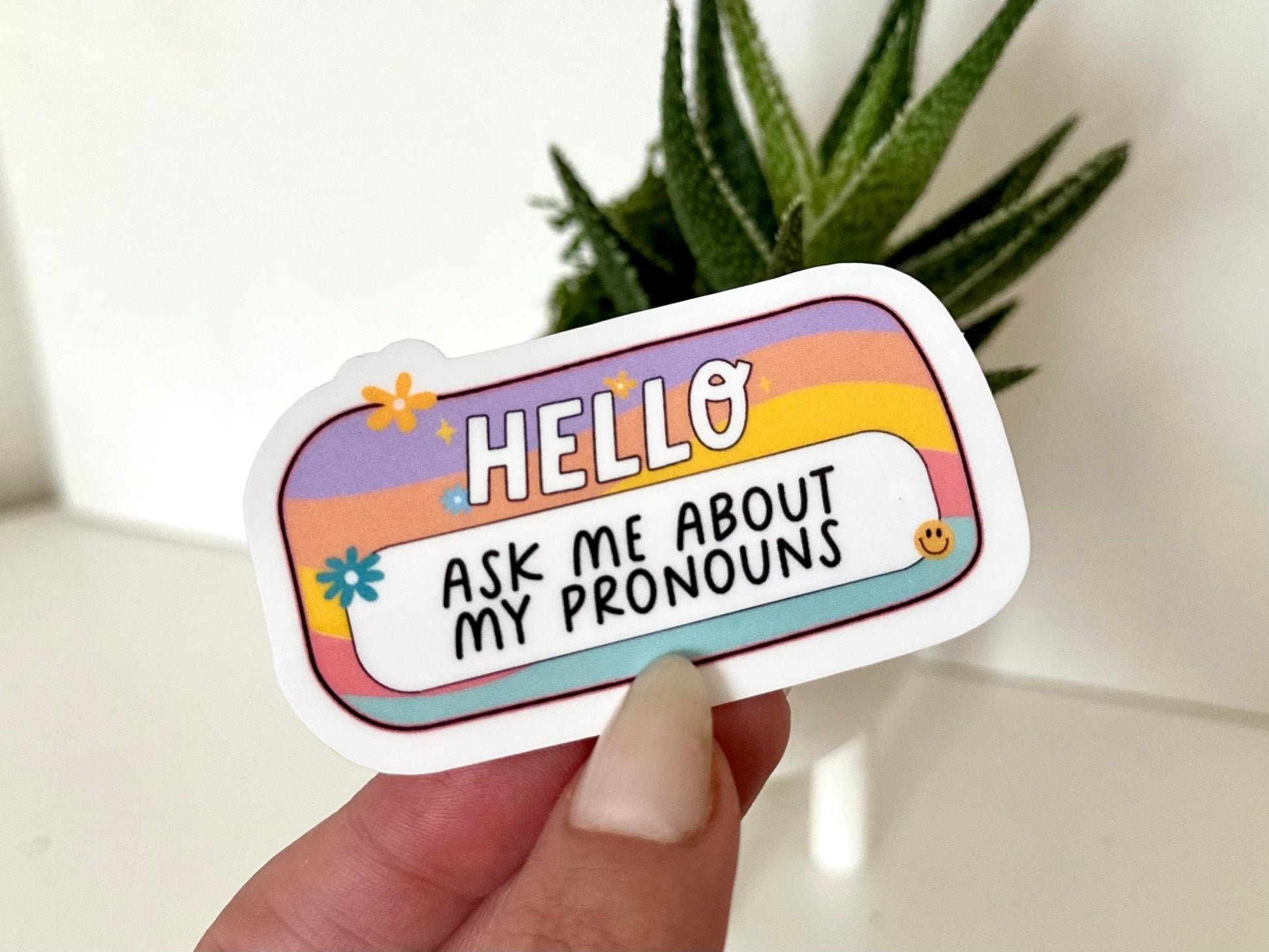 Hello, Ask Me About My Pronouns Waterproof Sticker, Name Tag, Pronoun Tags, LGBTQ Stickers, Pride Gifts, Trans Friendly