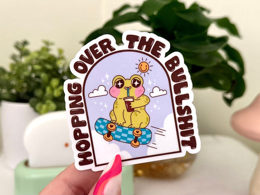 Hopping Over The BS Frog Waterproof Sticker, Mental Health Stickers, Self Love Gifts, Handdrawn Art, Self Care