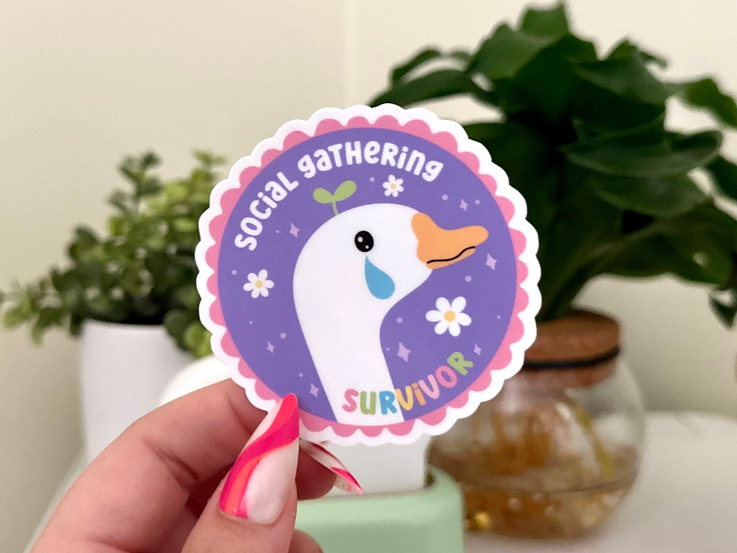 Social Gathering Survivor Waterproof Sticker, Mental Health Stickers, Self Love Gifts, Handdrawn Art, Self Care, Therapy Frog