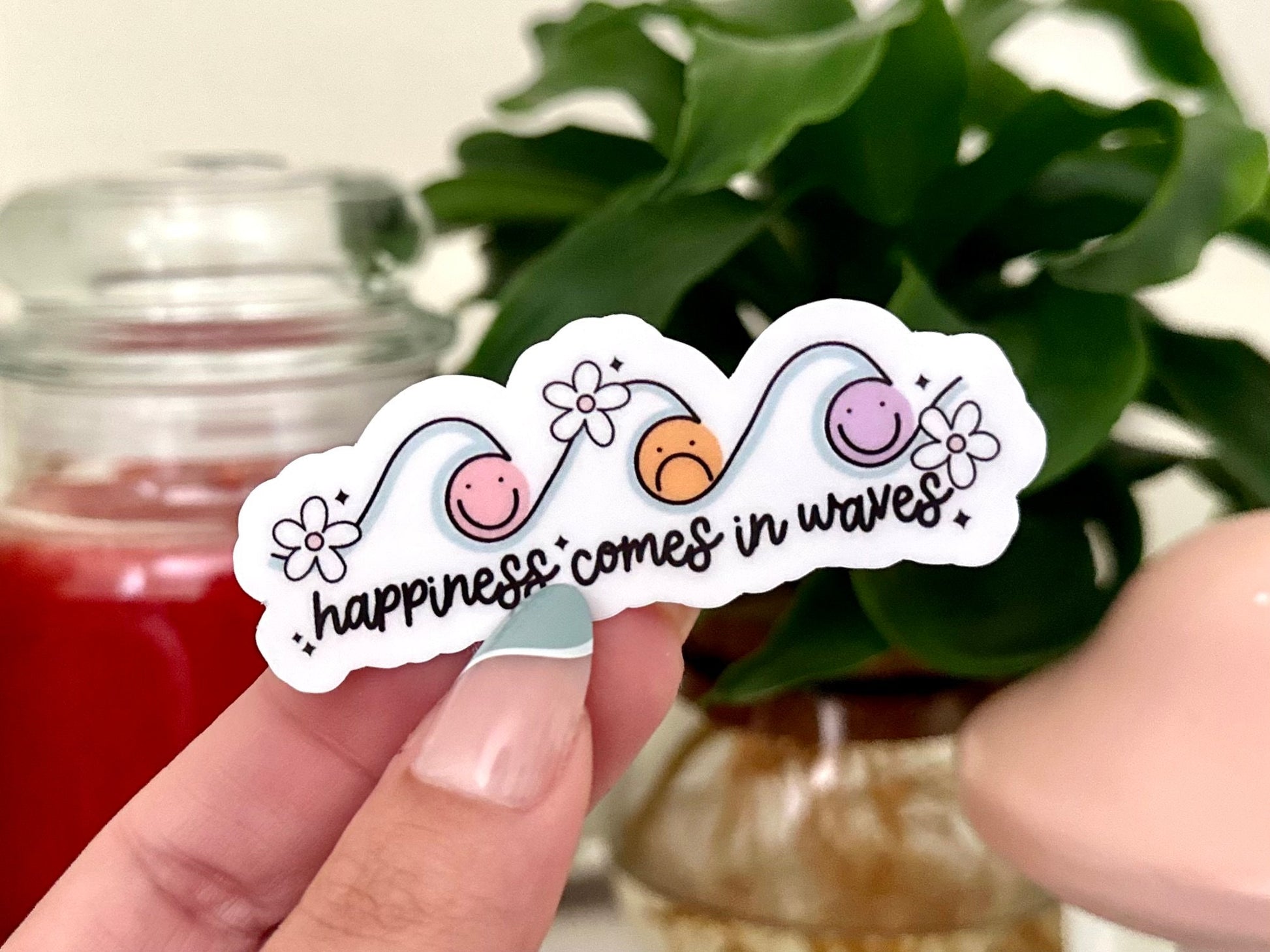 Happiness Comes in Waves Waterproof Sticker, Positivity Stickers, Inspiring Decals, Tumbler Stickers, Waterbottle Stickers