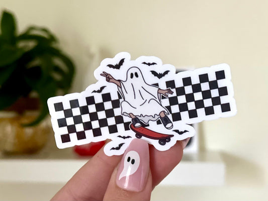 Skateboarding Ghostie Waterproof Sticker, Trendy Sticker, Popular Stickers, Halloween Gifts, Waterbottle decals, Spooky, Goth, Emo, Scary