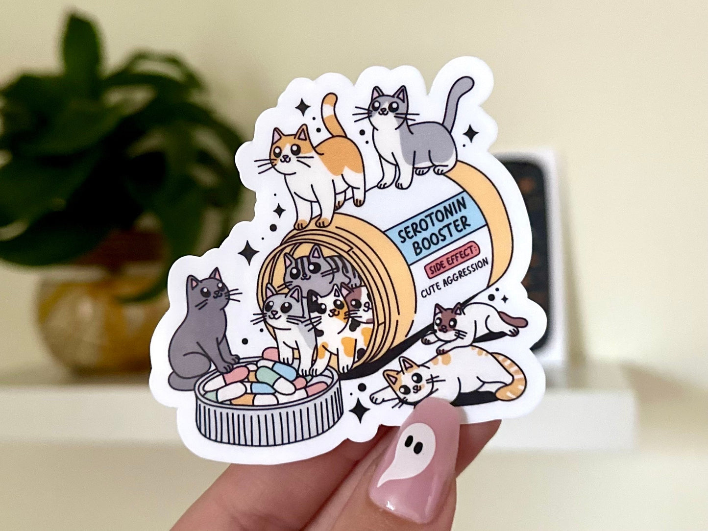 Serotonin Booster *Cats* Cute Aggression Waterproof Sticker, Mental Health Stickers, Self Love Gifts, Handdrawn Art, Self Care