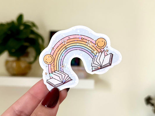 Reading Rainbow Holo Waterproof Sticker, Gifts for Bestfriends, Self Care, Trendy Designs, Trending, Bookish, BookTok, For Readers