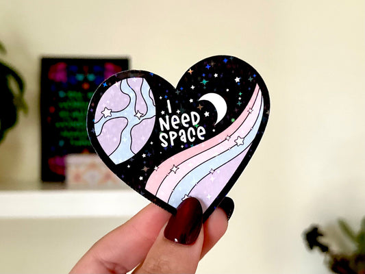 I Need Space Holo Waterproof Sticker, Mental Health Stickers, Black Stickers, Waterbottle Stickers, Funny Bestfriend Gifts