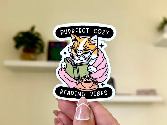 Purrfect Cozy Reading Vibes Cat Waterproof Sticker, Gifts for Bestfriends, Trendy Designs, Trending, Bookish, BookTok