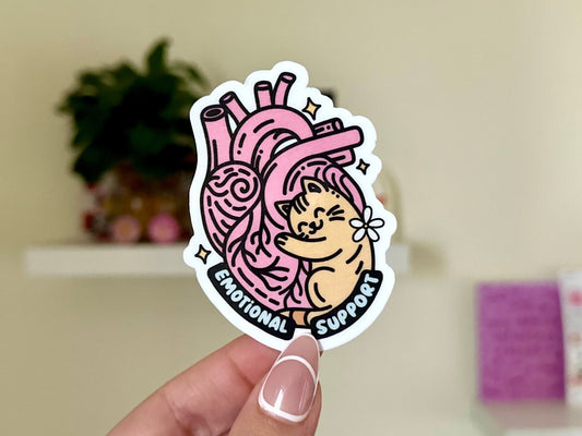 Emotional Support *Cat* Waterproof Sticker, Mental Health Stickers, Self Love Gifts, Handdrawn Art, Self Care